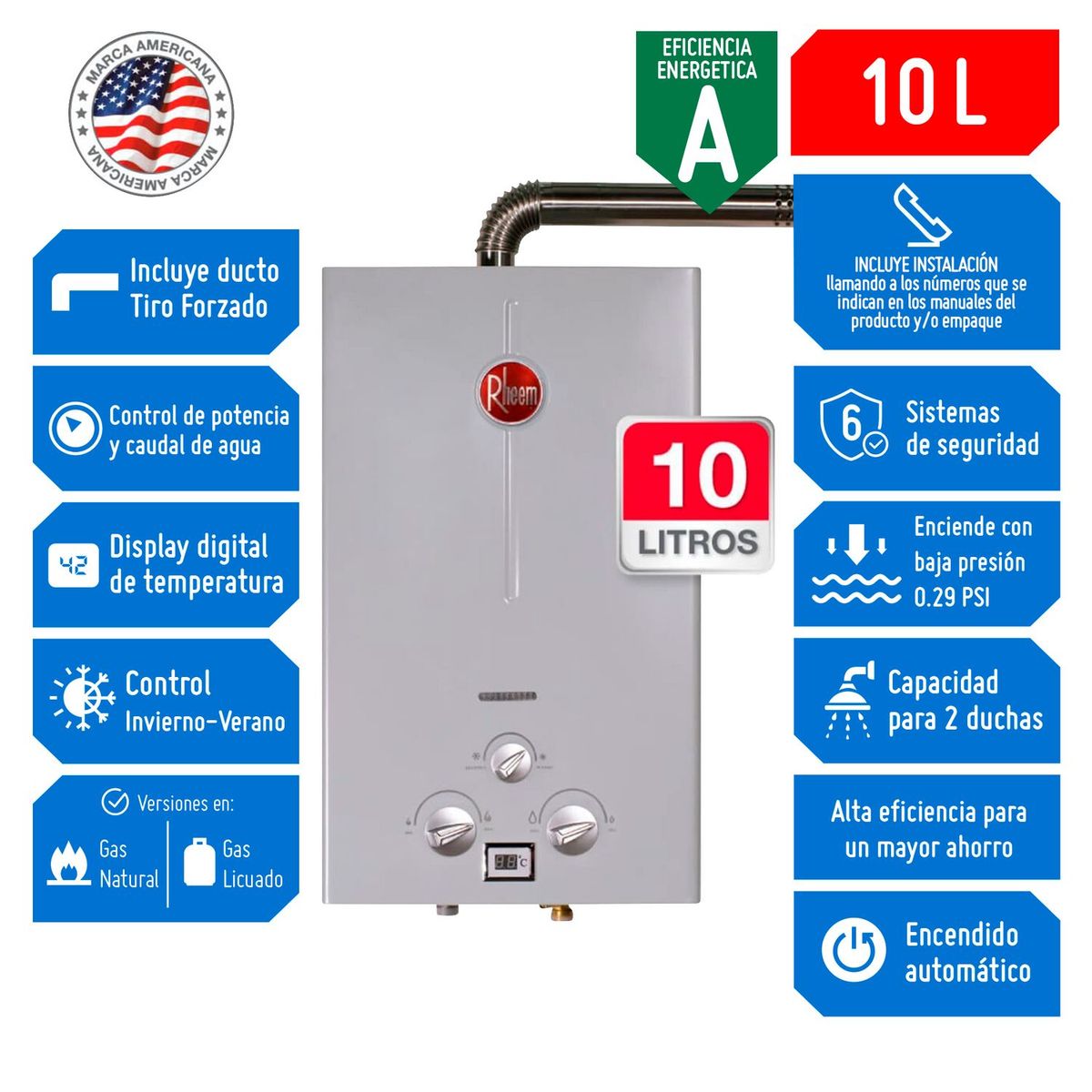 RHEEM - Terma a Gas Rheem GLP 10 litros Tiro Forzado
