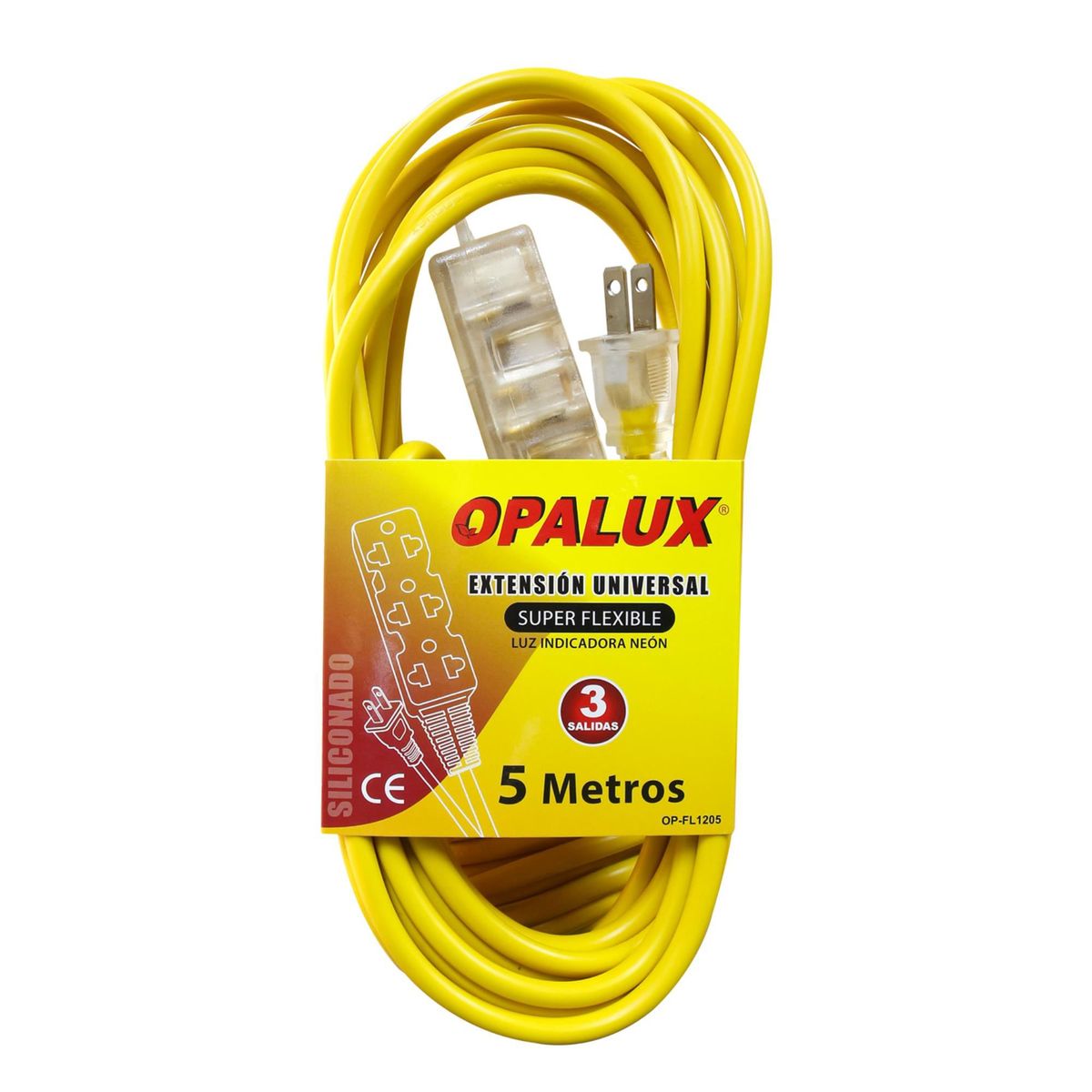 OPALUX - Extensión Vulcanizada 3 Tomas Universal 5 Metros