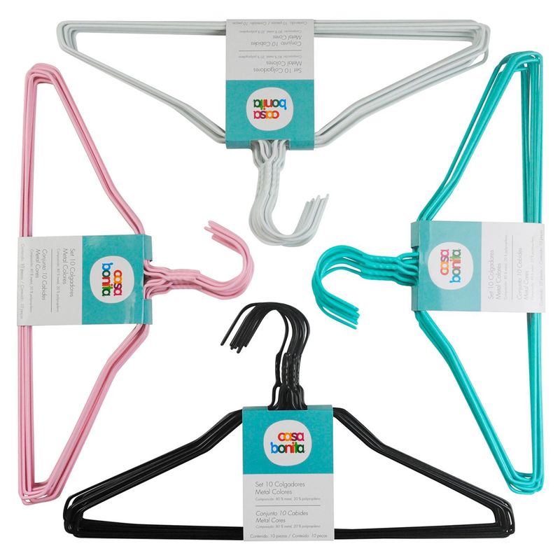 CASA BONITA - Set 10 Colgadores de Ropa de Metal Multicolor