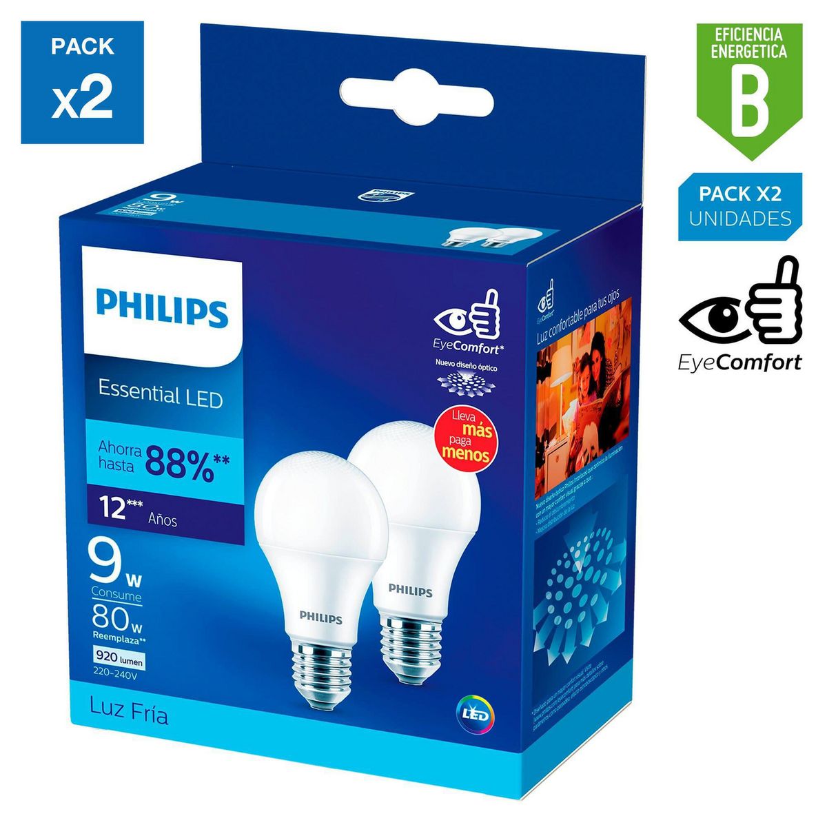 PHILIPS - Pack x2 Foco LED Bulbo A60 E27 9W Luz Blanca