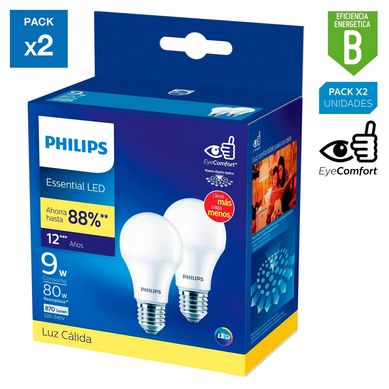 Pack x2 Foco LED Bulbo A60 E27 9W Luz Amarilla
