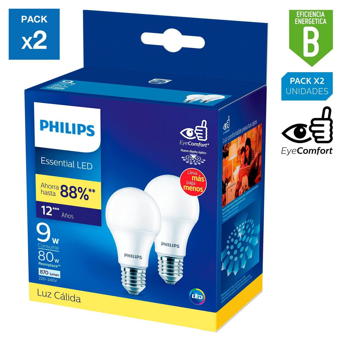 PHILIPS - Pack x2 Foco LED Bulbo A60 E27 9W Luz Amarilla