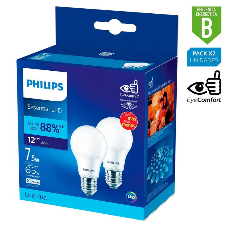Pack x2 Foco LED Bulbo A60 E27 7.5W Luz Fría | Sodimac Perú
