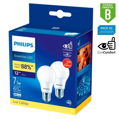 Pack x2 Foco LED Bulbo A60 E27 7.5W Luz Amarilla
