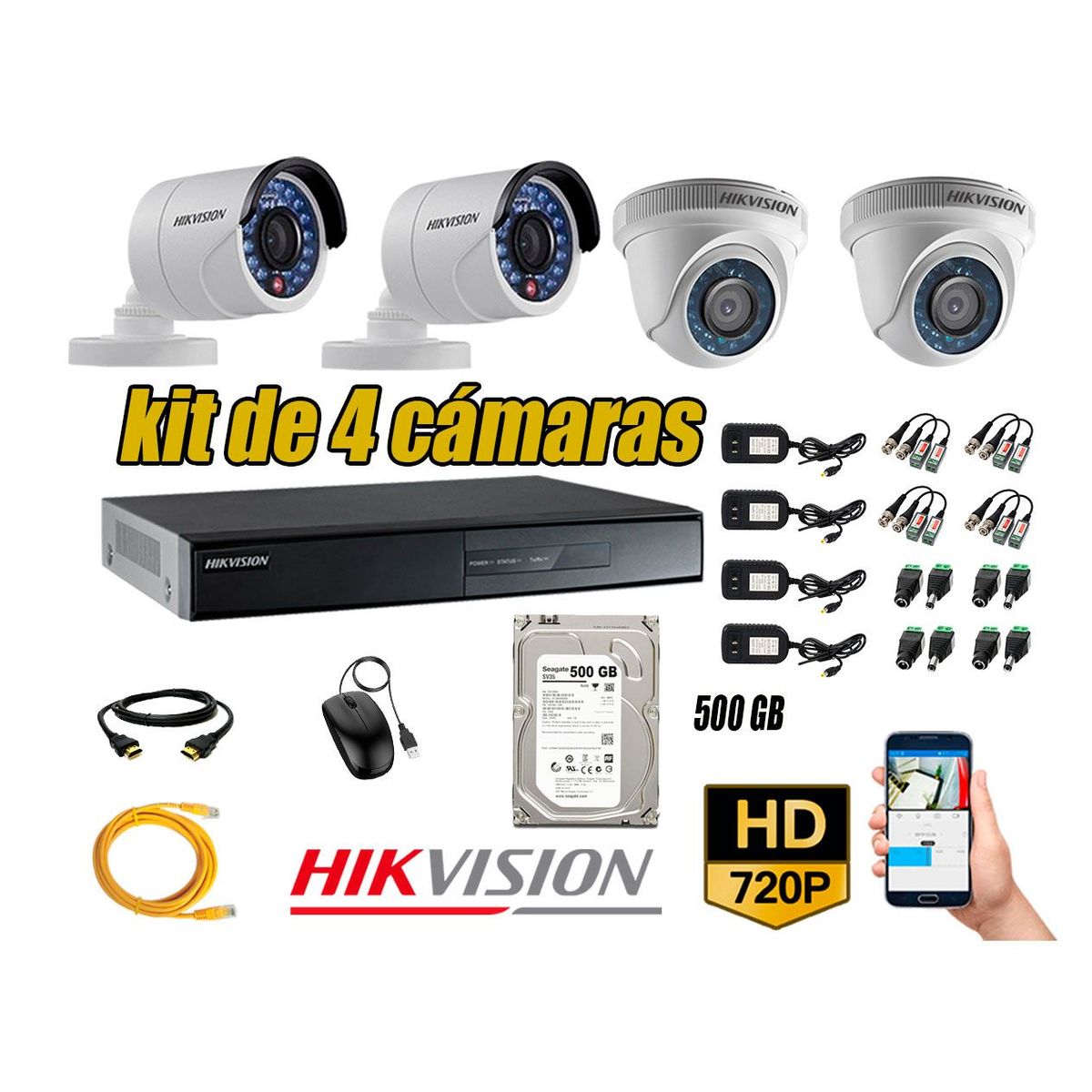HIKVISION - Kit 4 Cámaras de Seguridad HD 720p disco 500GB Vigilancia + kit de herramientas