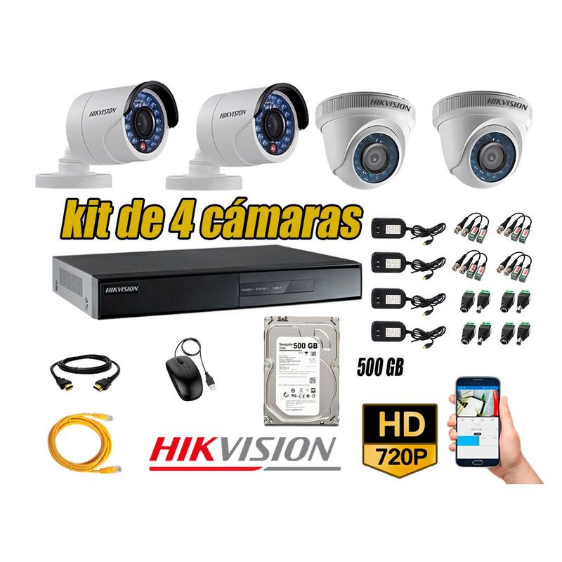 HIKVISION - Kit 4 C?maras de Seguridad HD 720p disco 500GB Vigilancia + kit de herramientas