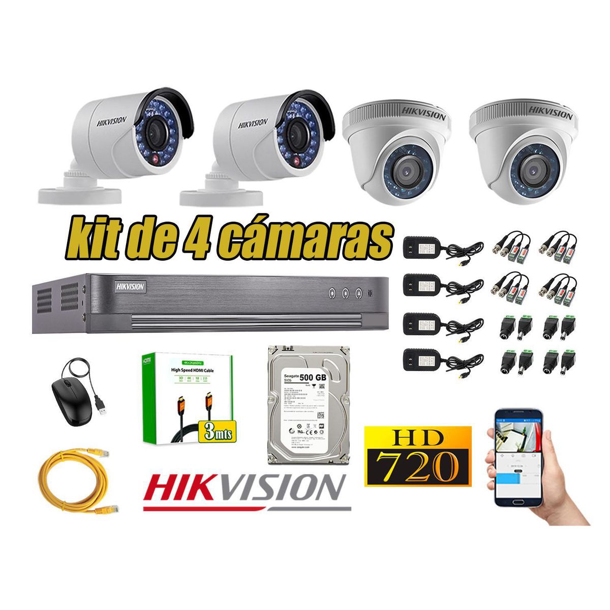 Kit 4 Camara Seguridad Analogico Disco Duro 500gb, marca Hikvision - Foto Principal