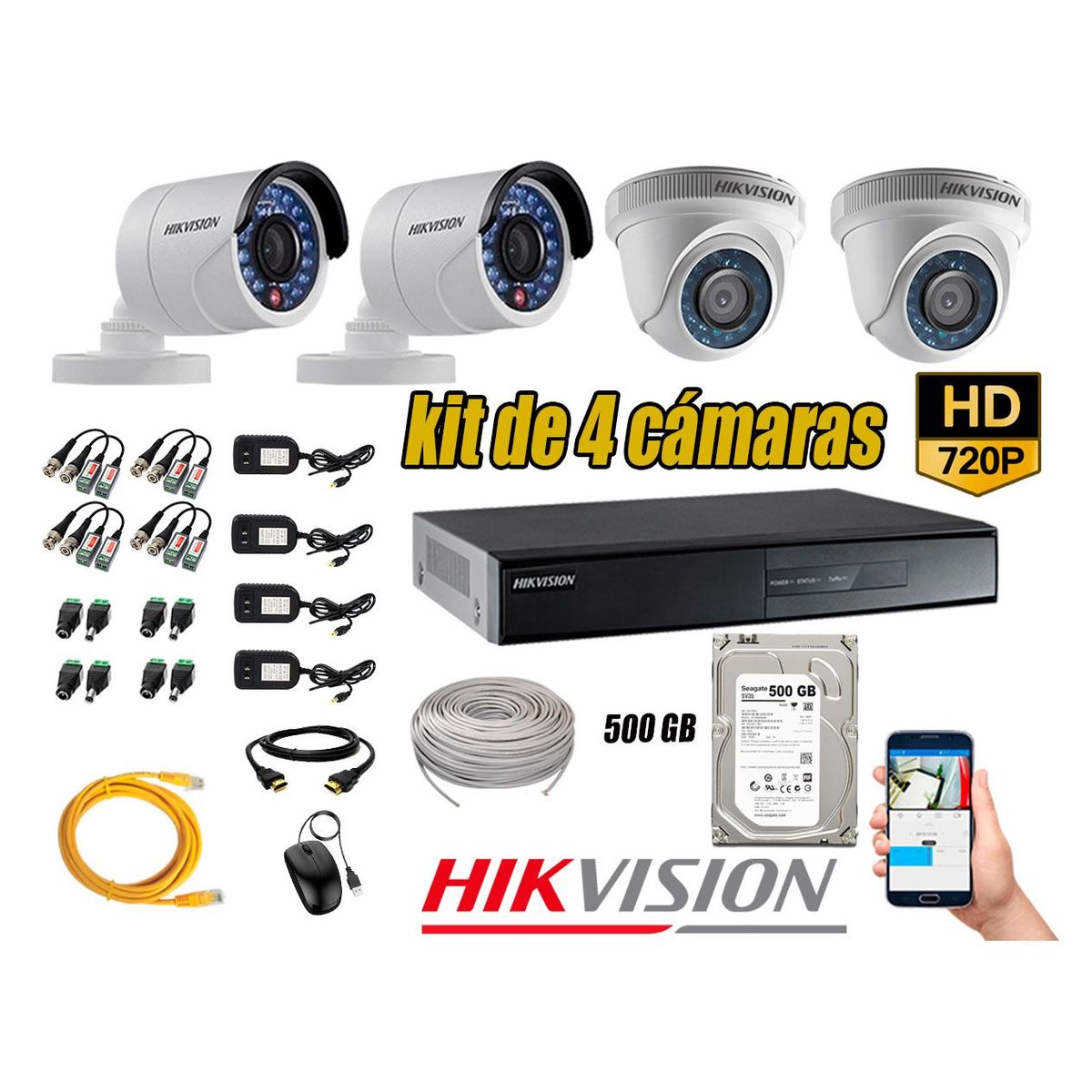 HIKVISION - Kit 4 Cámaras de Seguridad HD 720p disco 500GB Vigilancia + kit de herramientas