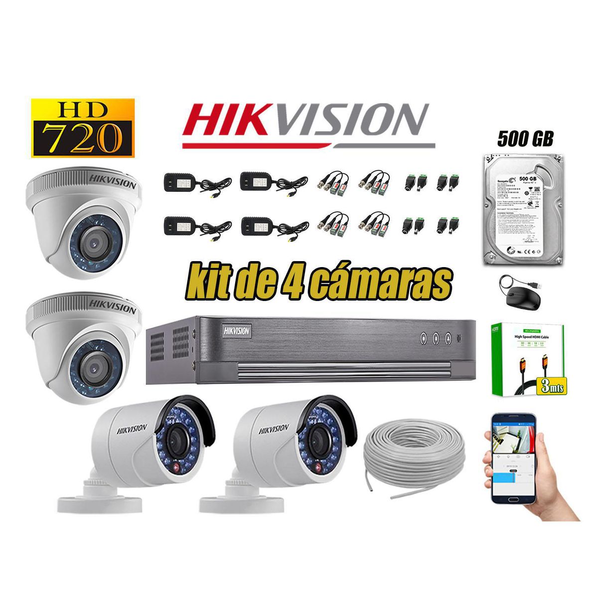 Kit 4 Camara Seguridad Hd 720p Analogico Disco Duro 500gb Completo, marca Hikvision - Foto Principal