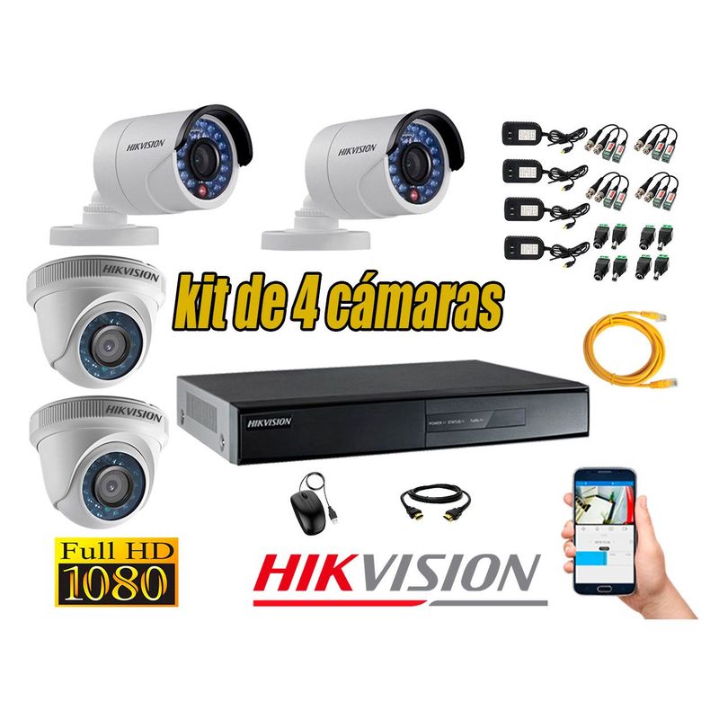 HIKVISION - Kit 4 Cámaras de Seguridad FULL HD 1080P Vigilancia + Kit de herramientas Gratis
