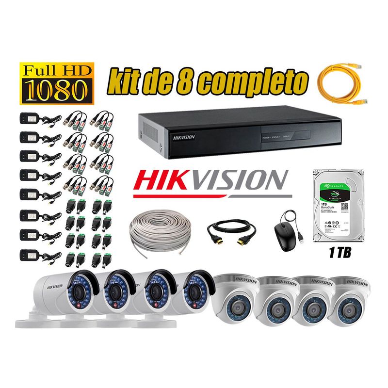 HIKVISION - Kit 8 Cámaras de Seguridad  Full HD 1080p Disco 1TB Vigilancia + kit de herramientas Gratis