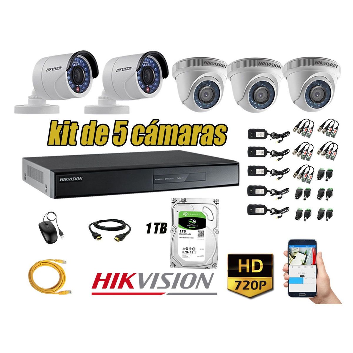 HIKVISION - Kit 5 Cámaras de Seguridad HD 720p Disco 1TB Vigilancia + Kit de herramientas