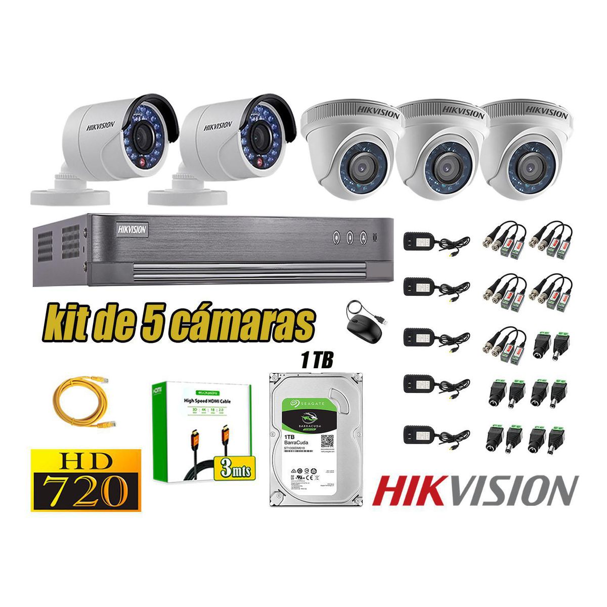 Kit 5 Camara Seguridad Hd 720p Analogico Disco Duro 1tb, marca Hikvision - Foto Principal