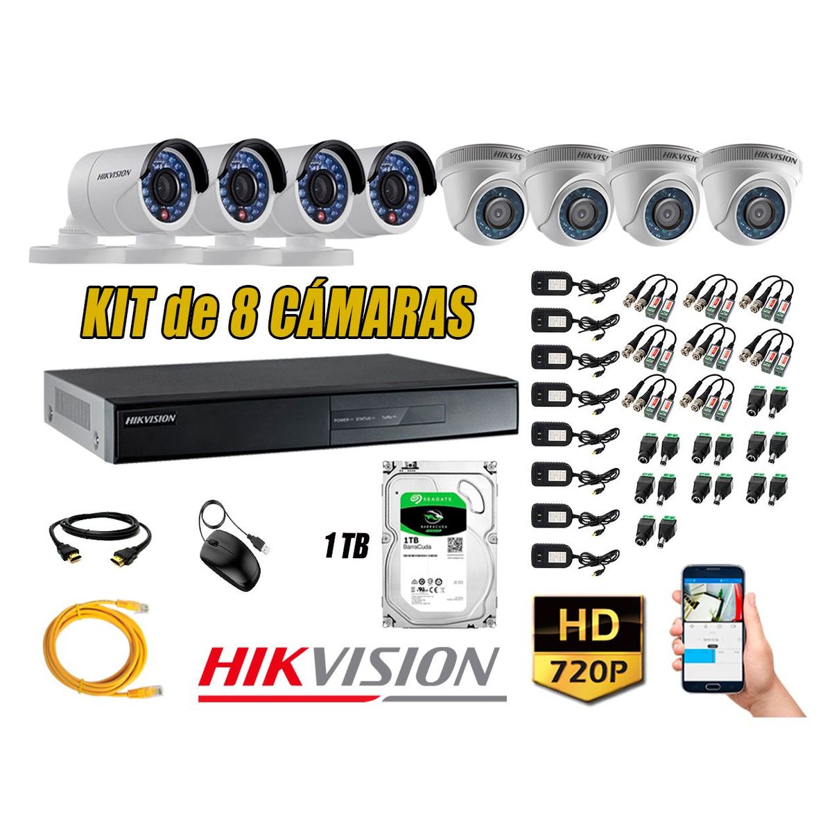 HIKVISION - Kit 8 Cámaras de Seguridad HD 720p Disco 1TB Vigilancia + Kit de herramientas