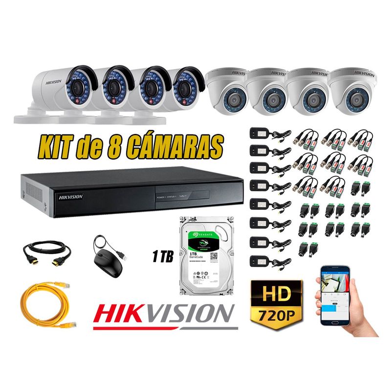 HIKVISION - Kit 8 C?maras de Seguridad  HD 720p Disco 1TB Vigilancia + Kit de herramientas