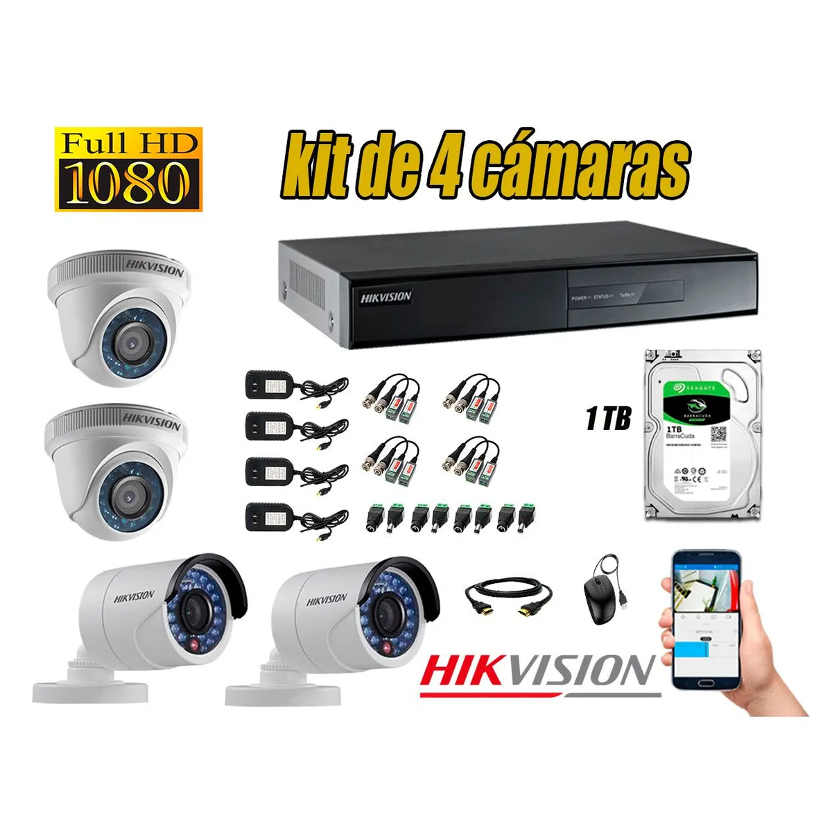 HIKVISION - Kit 4 Cámaras de Seguridad Full HD 1080p Disco 1TB Vigilancia + Kit de Herramientas Gratis