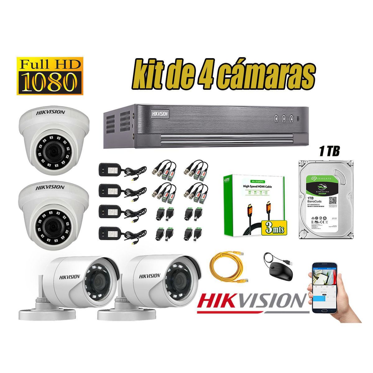Kit 4 Camara Seguridad Full HD Analogico Disco Duro 1tb, marca Hikvision - Foto Principal