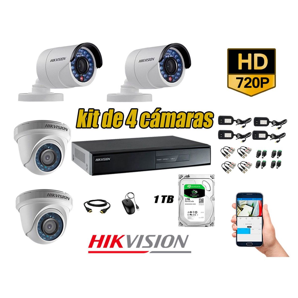HIKVISION - Kit 4 Cámaras de Seguridad HD 720p Disco 1TB Vigilancia + Kit de Herramientas