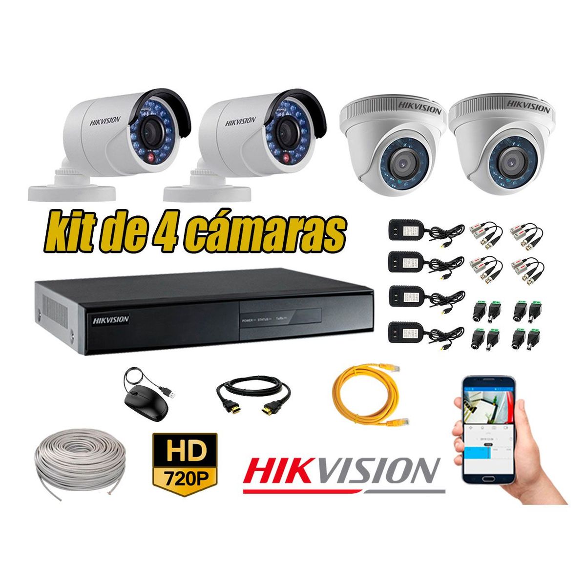 HIKVISION - Kit 4 Cámaras de Seguridad Hd 720p CABLE 80M Vigilancia + Kit de Herramientas