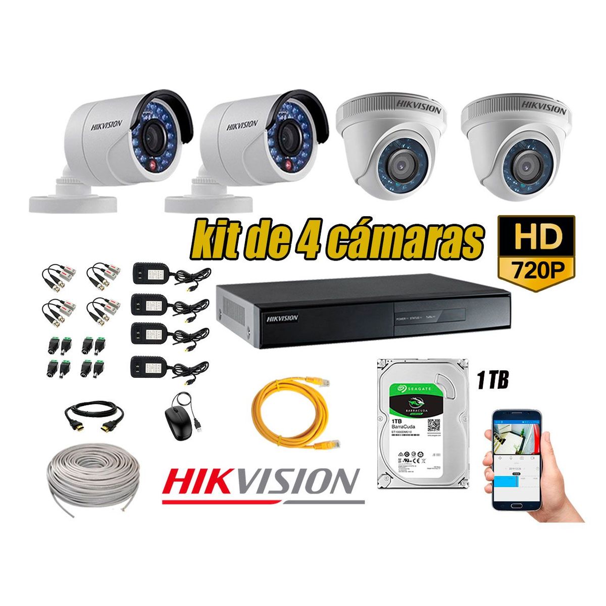HIKVISION - Kit 4 Cámaras de Seguridad HD 720p Disco 1TB Vigilancia + Kit de Herramientas