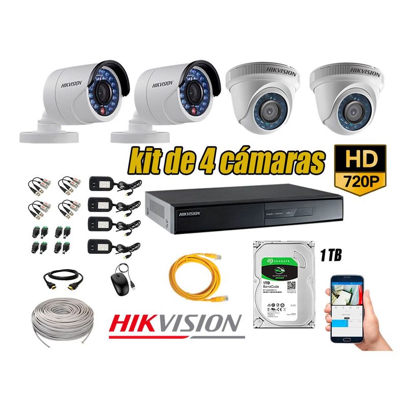 HIKVISION - Kit 4 C?maras de Seguridad  HD 720p Disco 1TB Vigilancia + Kit de Herramientas