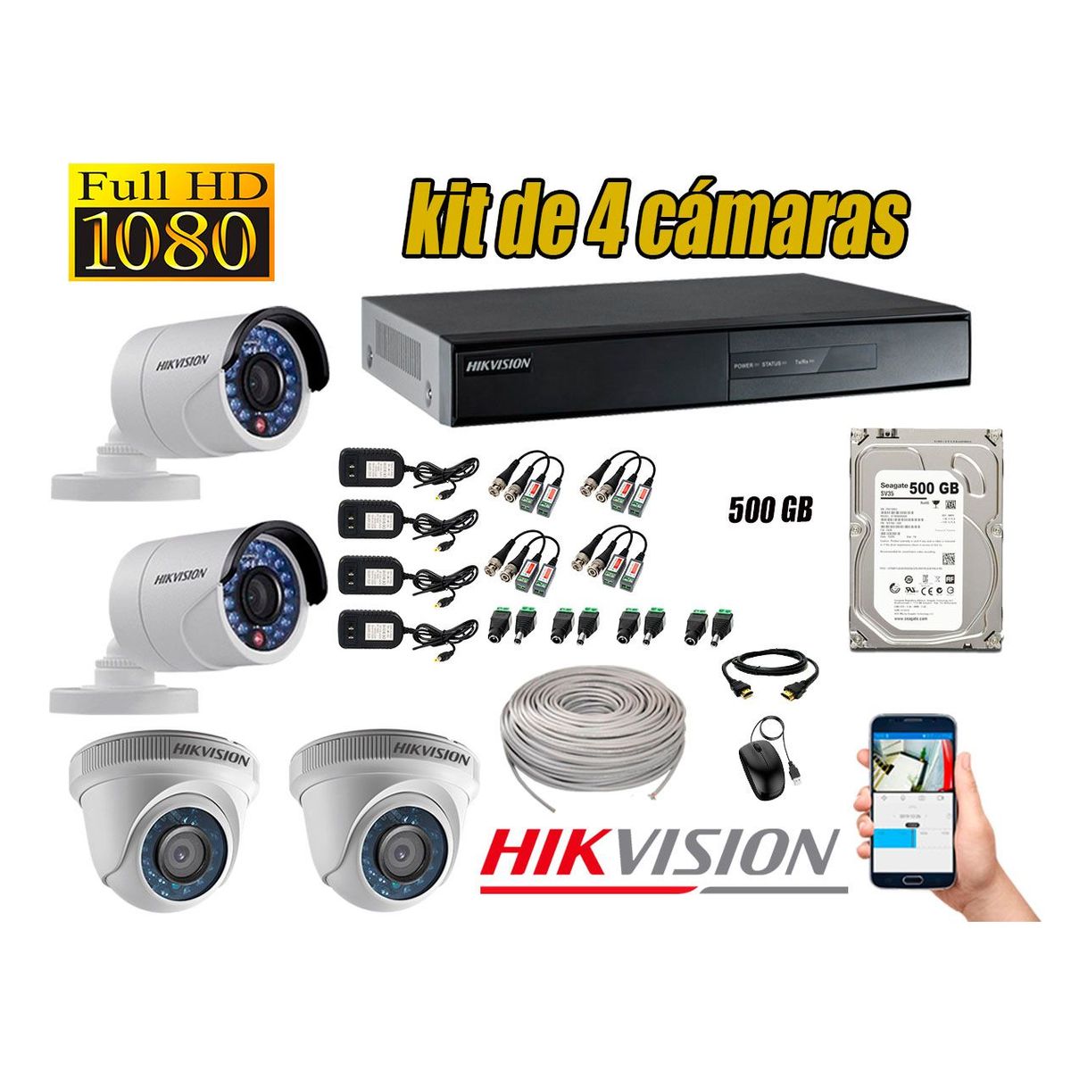 HIKVISION - Kit 4 Cámaras de Seguridad Full HD 1080p Disco 500GB Vigilancia + Kit de Herramientas Gratis