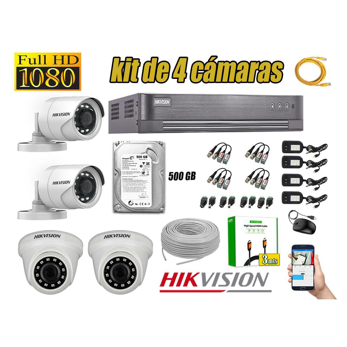 Kit 4 Camara Seguridad Full Hd Analogico Disco Duro 500gb Completo, marca Hikvision - Foto Principal