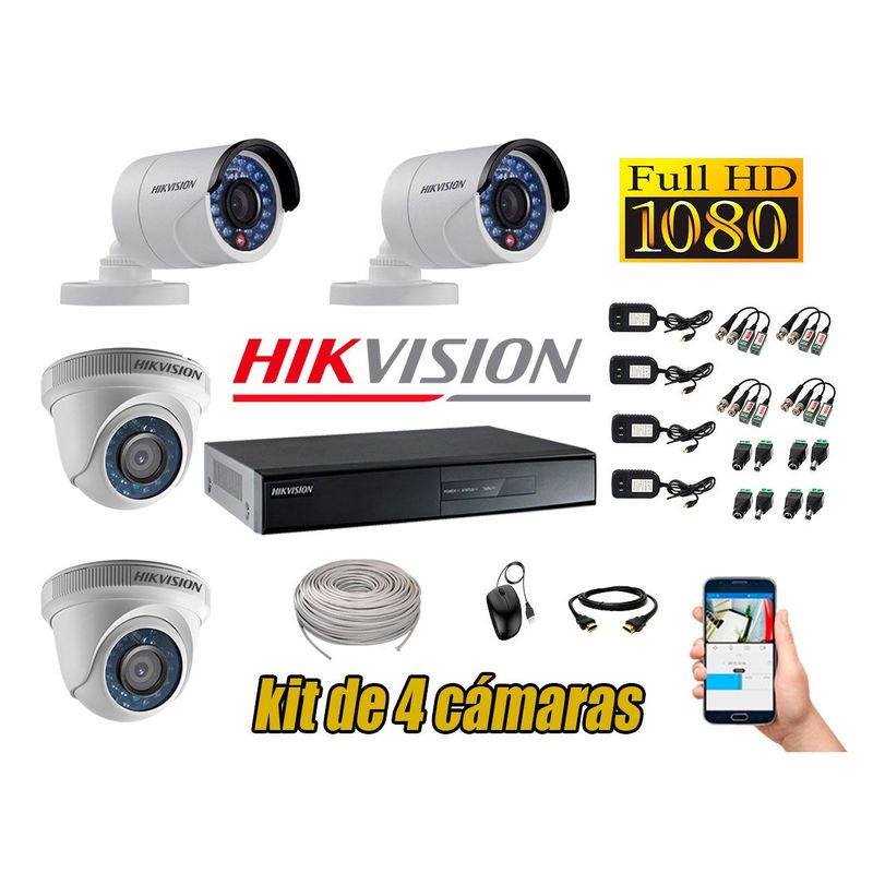 HIKVISION - Kit 4 Cámaras de Seguridad  Full HD 1080p P2P Vigilancia + Kit de Herramientas