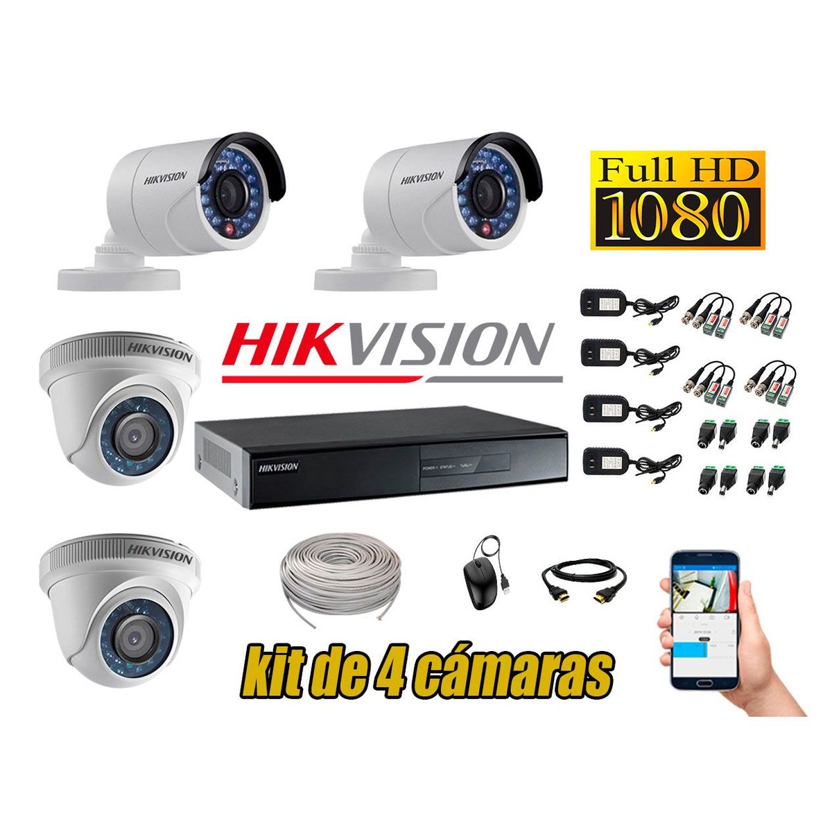 HIKVISION - Kit 4 Cámaras de Seguridad Full HD 1080p P2P Vigilancia + Kit de Herramientas
