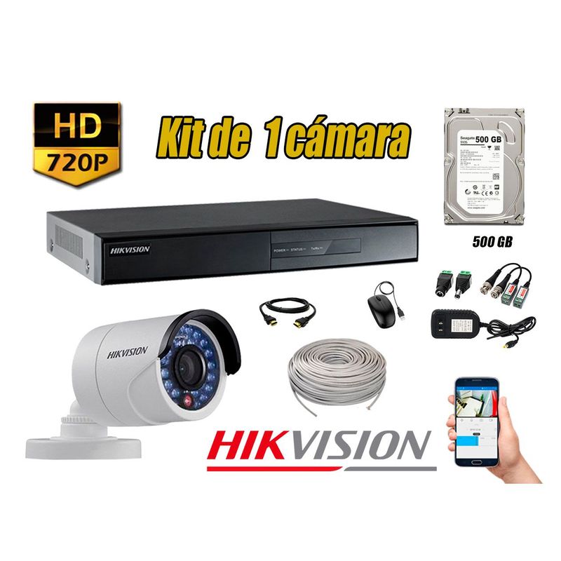 HIKVISION - Kit 1 Cámaras de Seguridad  HD 720p P2P Disco 500GB Vigilancia + Kit de Herramientas Gratis