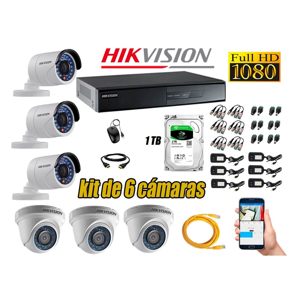 HIKVISION - Kit 6 Cámaras de Seguridad Full HD 1080p Disco 1TB Vigilancia + Kit de Herramientas Gratis