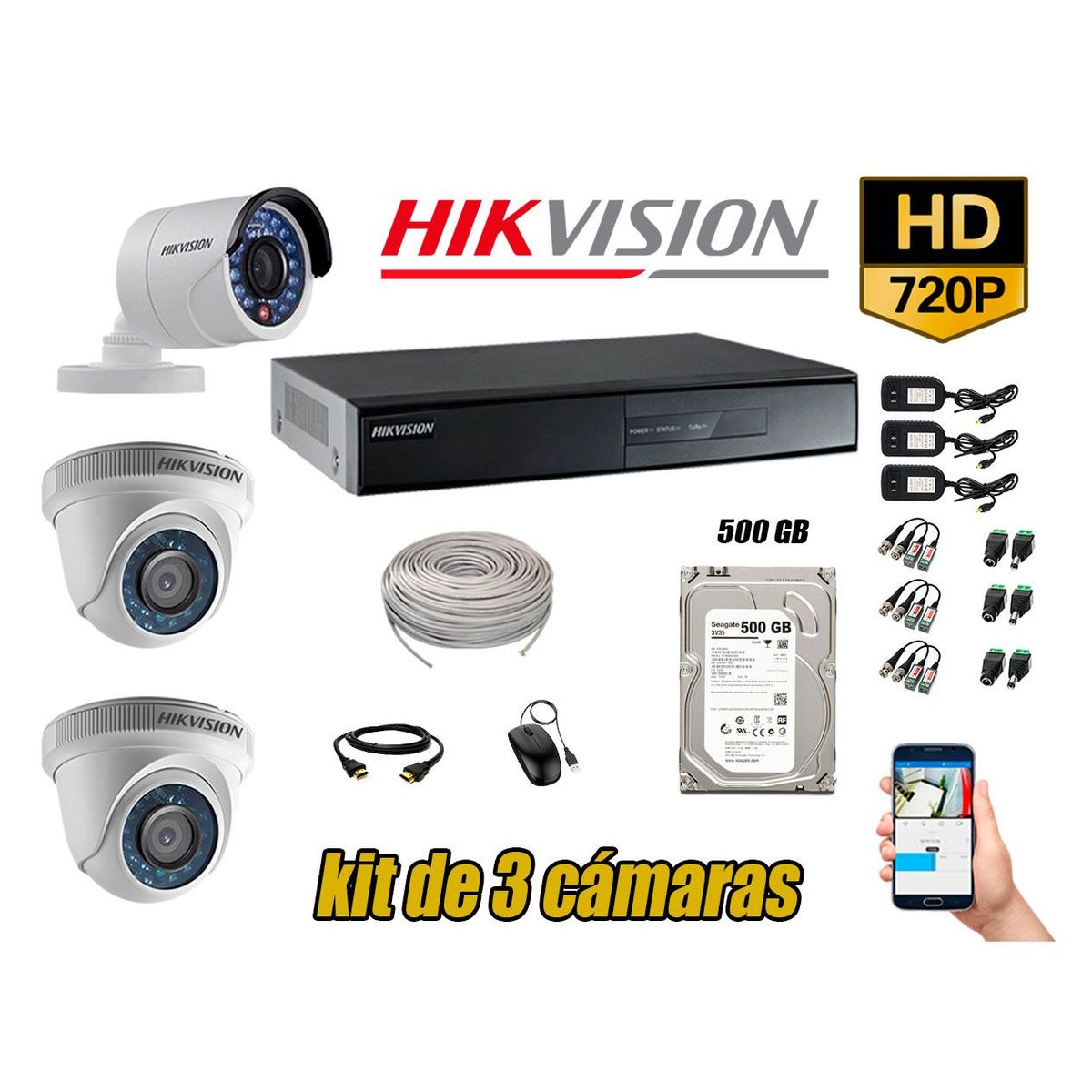 HIKVISION - Kit 3 Cámaras de Seguridad HD 720p Disco 500GB Vigilancia + Kit de Herramientas