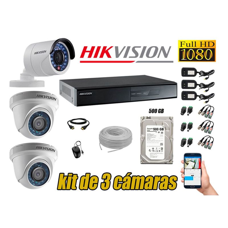HIKVISION - Kit 3 Cámaras de Seguridad  Full HD 1080p Disco 500GB Vigilancia + Kit de Herramientas Gratis