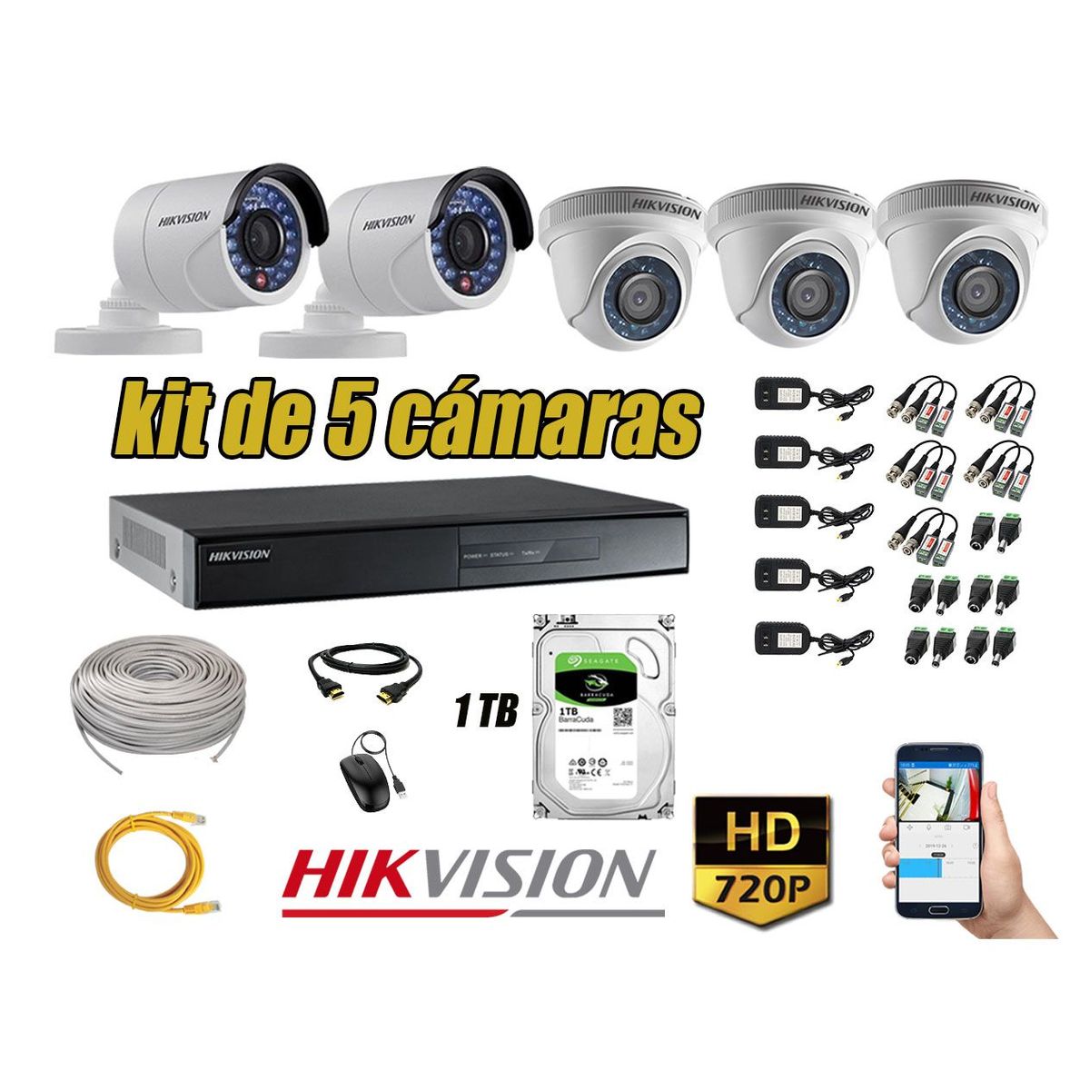HIKVISION - Kit 5 Cámaras de Seguridad HD 720p Disco 1TB Vigilancia + Kit de herramientas
