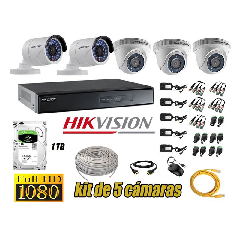 HIKVISION - Kit 5 Cámaras de Seguridad  Full HD 1080p Disco 1TB Vigilancia + Kit de Herramientas Gratis