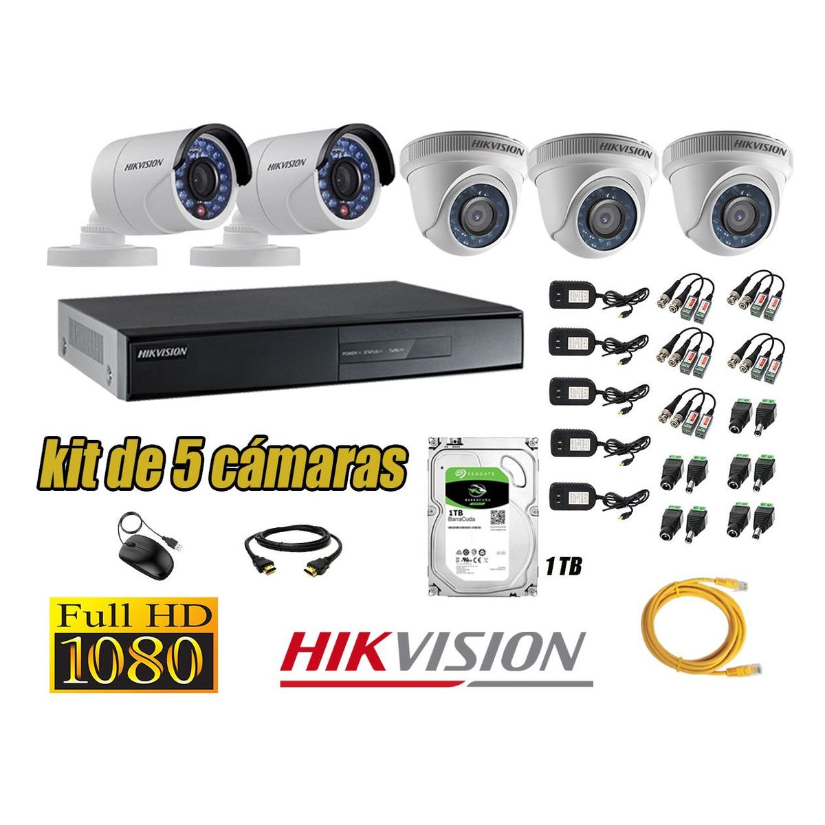 HIKVISION - Kit 5 Cámaras de Seguridad Full HD 1080p Disco 1TB Vigilancia + Kit de Herramientas Gratis