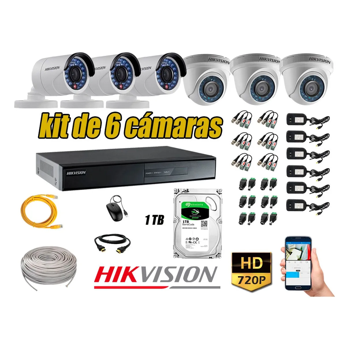 HIKVISION - Kit 6 Cámaras de Seguridad HD 720p Disco 1TB Vigilancia + Kit de Herramientas