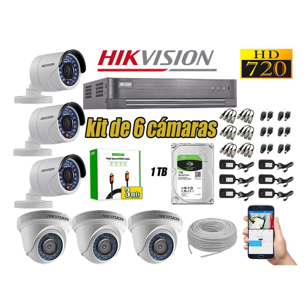 Kit 6 Camara Seguridad Hd 720p Analogico Disco Duro 1tb Completo, marca Hikvision - Foto Principal