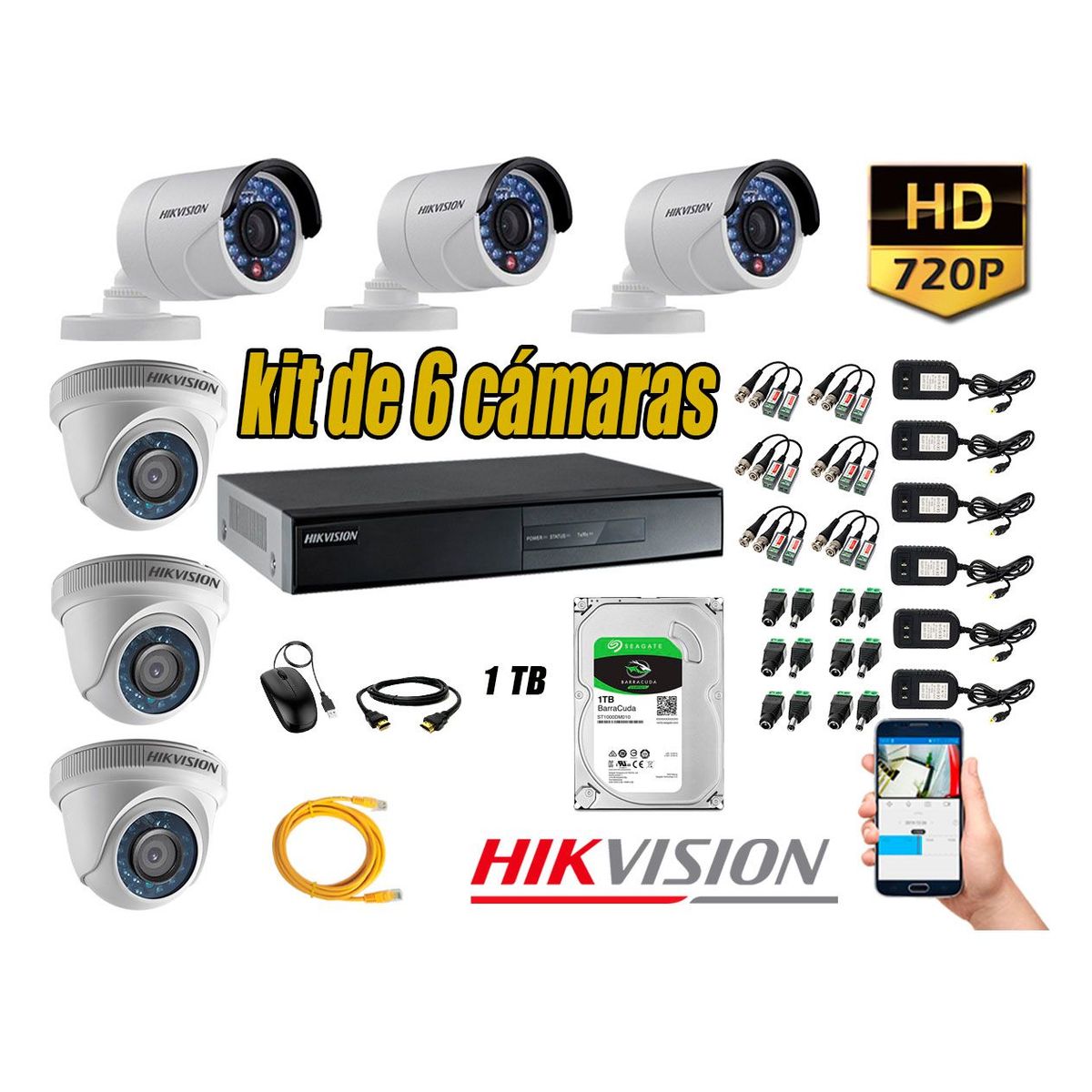 HIKVISION - Kit 6 Cámaras de Seguridad HD 720p disco 1TB Vigilancia + Kit de Herramientas