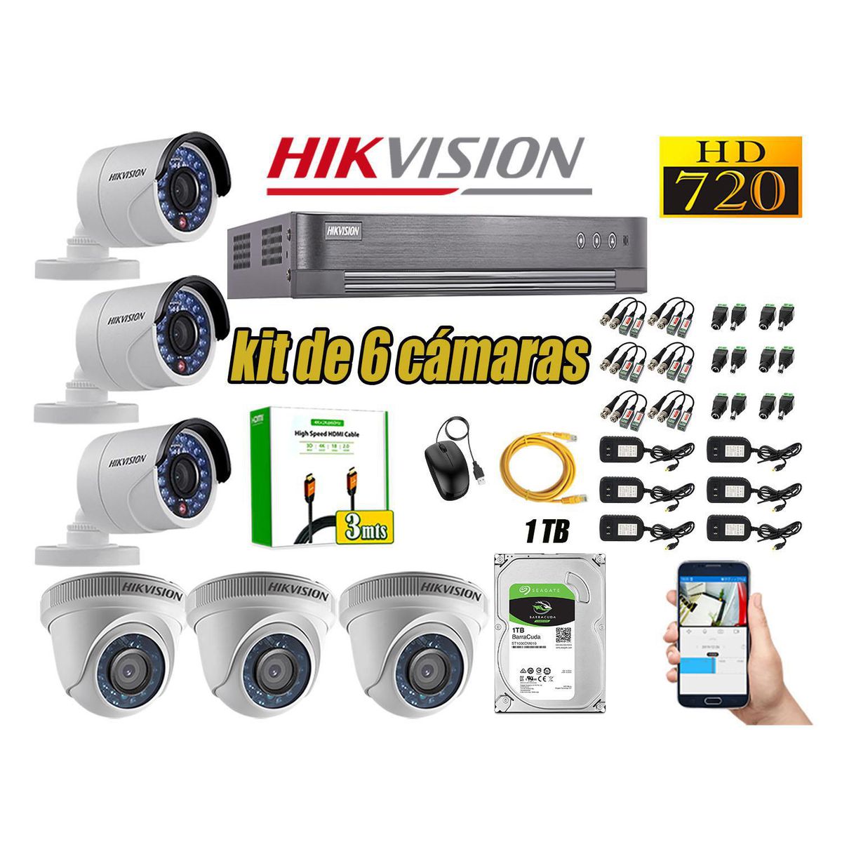 Hikvision - Kit 6 Camara Seguridad Hd 720p Analogico Disco Duro 1tb