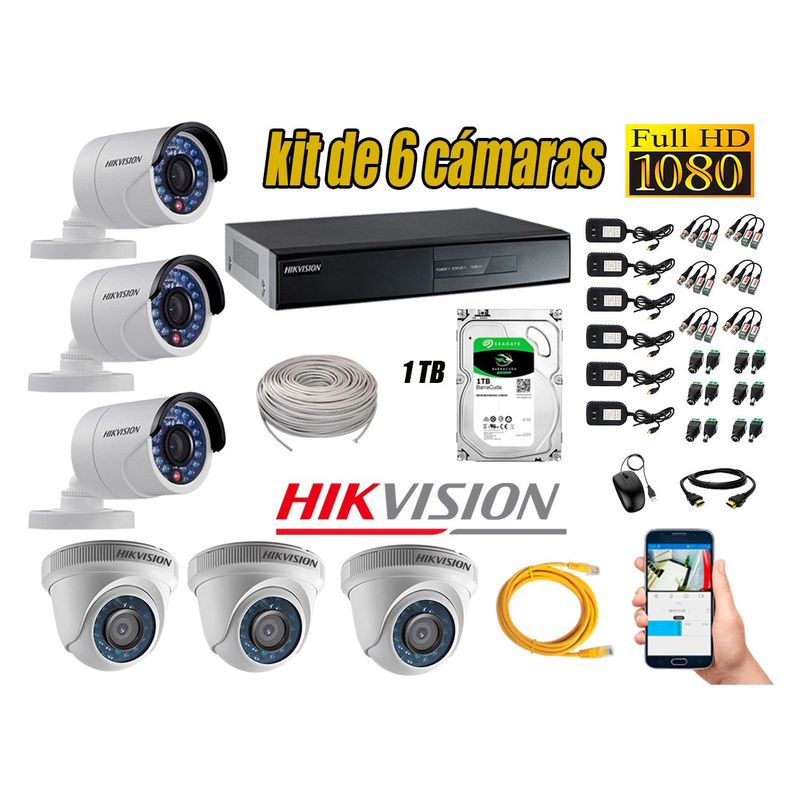 HIKVISION - Kit 6 Cámaras de Seguridad  Full HD 1080p Disco 1TB Vigilancia + Kit de Herramientas Gratis