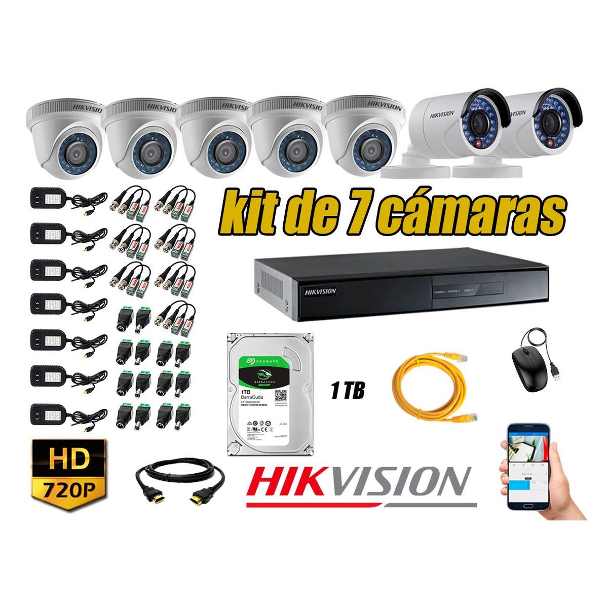 HIKVISION - Kit 7 Cámaras de Seguridad HD 720p Disco 1TB Vigilancia + Kit de Herramientas