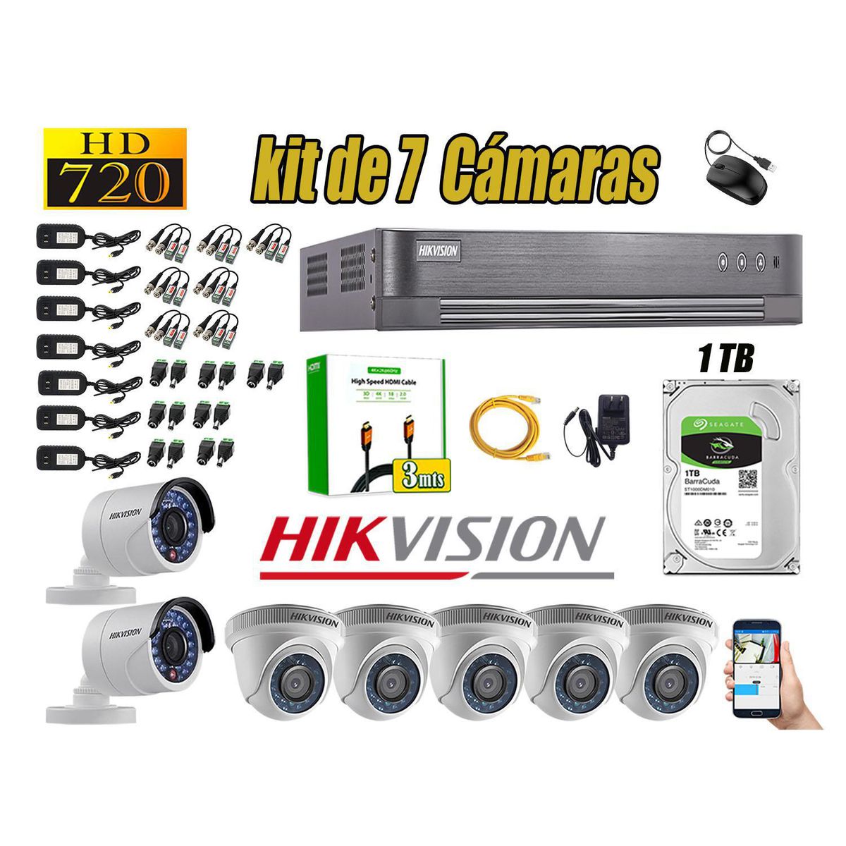 Kit 7 Camara Seguridad Hd 720p Analogico Disco Duro 1tb, marca Hikvision - Foto Principal