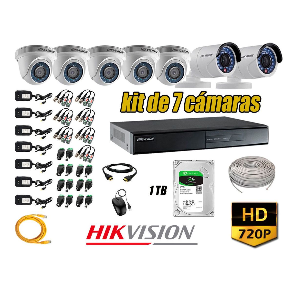 HIKVISION - Kit 7 Cámaras de Seguridad HD 720p Disco 1TB Vigilancia + Kit de Herramientas