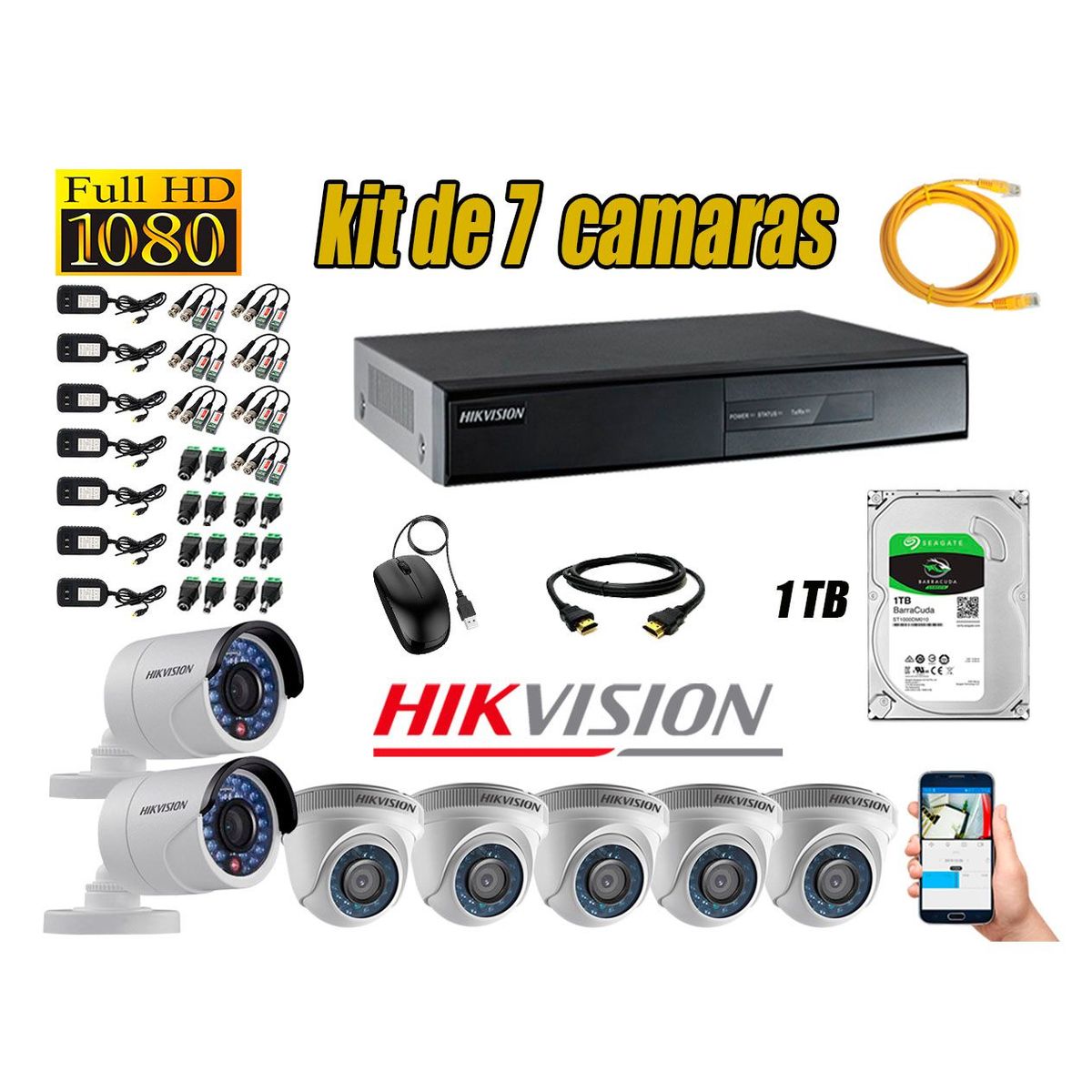 HIKVISION - Kit 7 Cámaras de Seguridad Full HD 1080p Disco 1TB Vigilancia + Kit de Herramientas Gratis