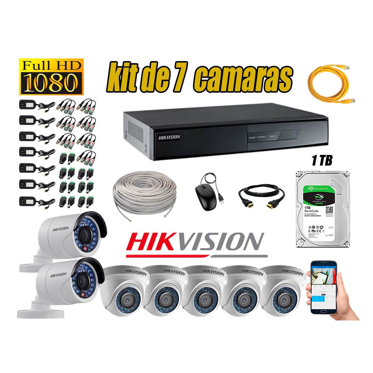 HIKVISION - Kit 7 Cámaras de Seguridad Full HD 1080p disco 1TB Vigilancia + Kit de Herramientas Gratis