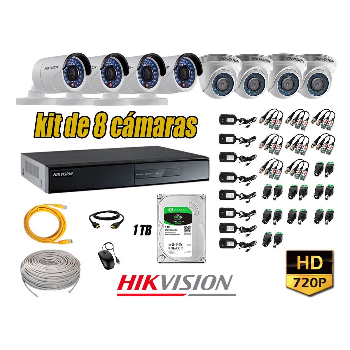 HIKVISION - Kit 8 Cámaras de Seguridad HD 720p + Disco 1TB Vigilancia + Kit de Herramientas