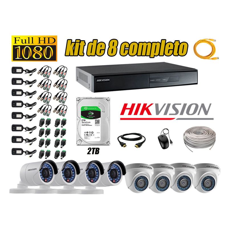 HIKVISION - Kit 8 Cámaras de Seguridad  Full HD 1080p Disco 2TB Vigilancia + kit de herramientas Gratis
