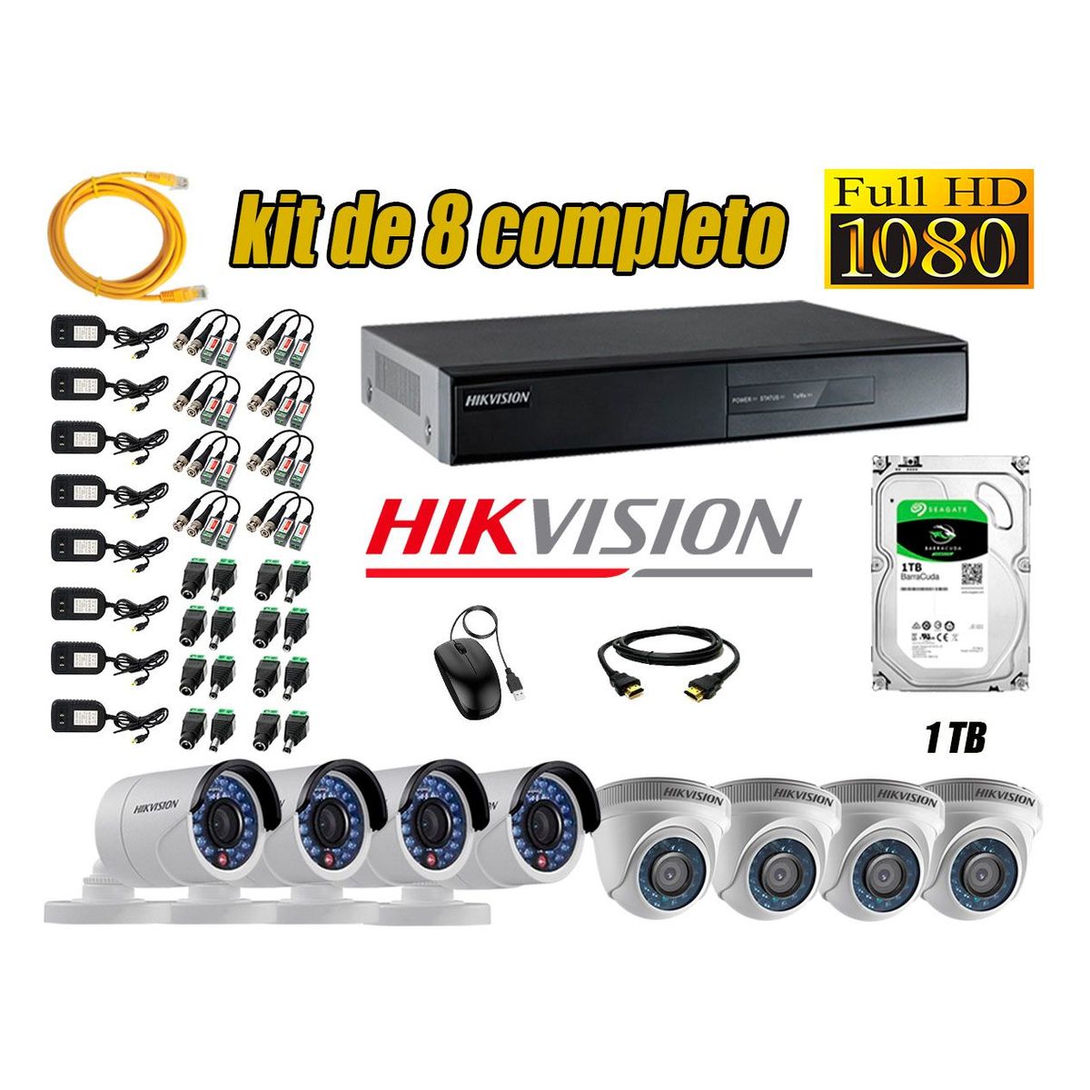 HIKVISION - Kit 8 Cámaras de Seguridad Full HD 1080p Disco 1TB Vigilancia + kit de herramientas Gratis