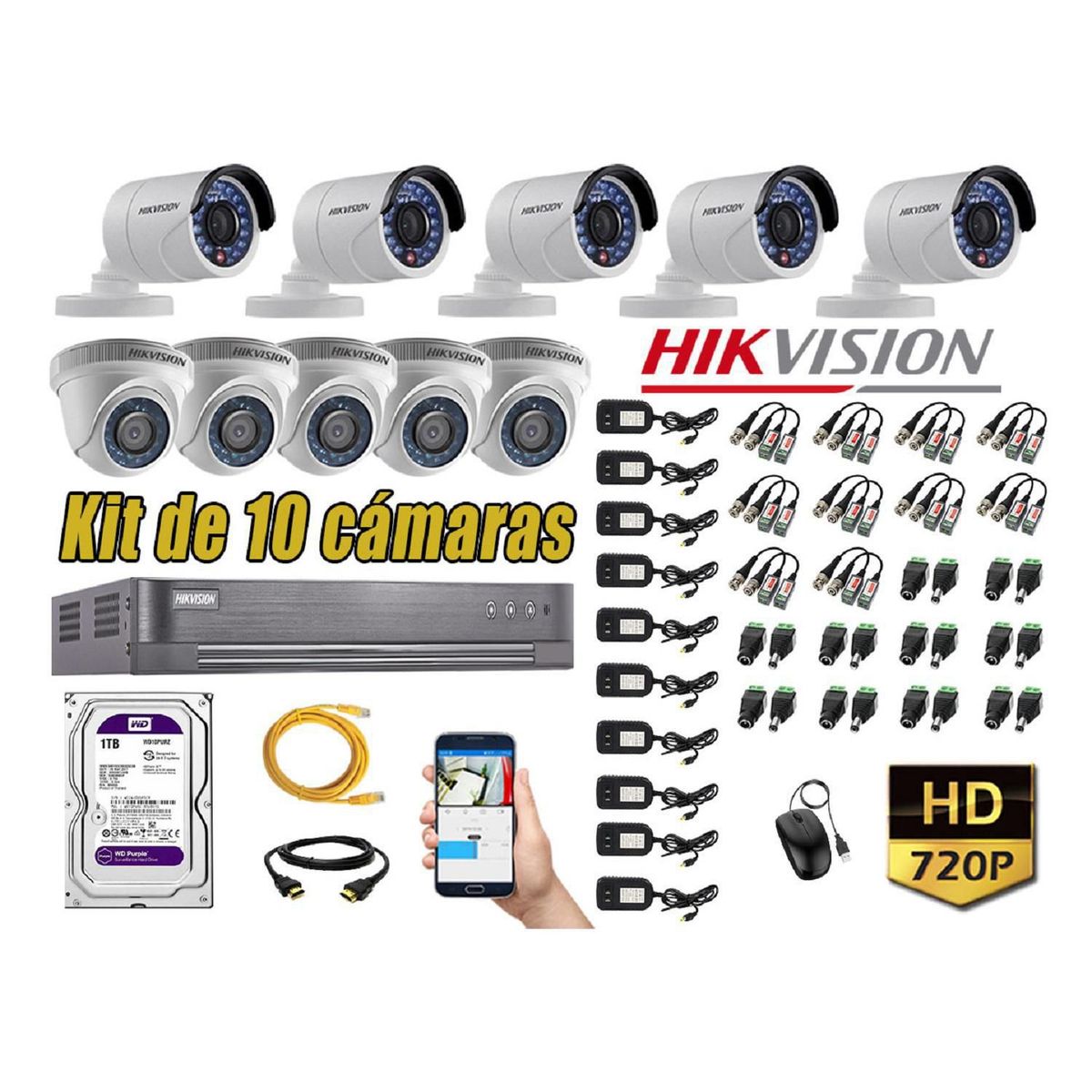 HIKVISION - Kit 10 Cámaras de Seguridad HD 720p Disco 1TB Vigilancia + Kit de Herramientas